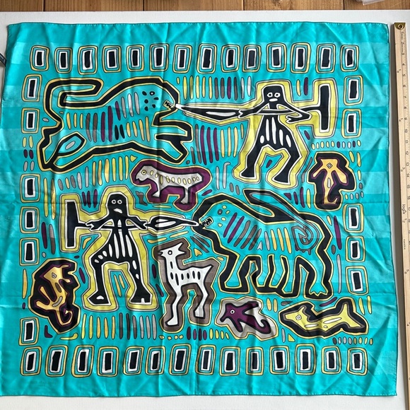 L’Atelier de Soierie Lyon Silk Scarf Teal Abstract Tribal Animal Print France